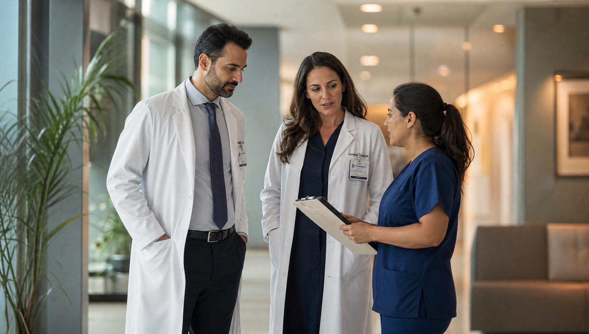 Equipe multidisciplinar de médicos especialistas em corredor hospitalar da Clínica RiGHi